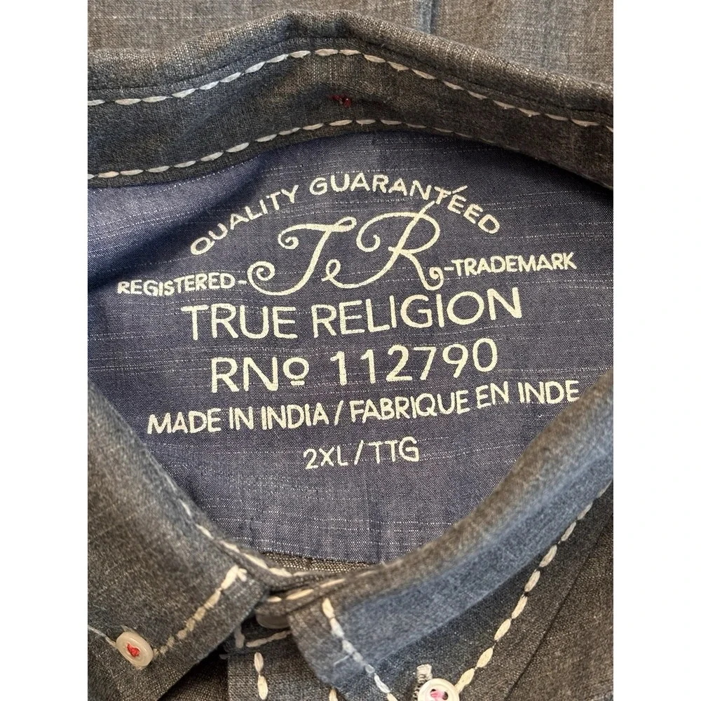 True Religion Mens 2XL Gray Chambray Contrast Stitch Button Up Long Sleeve Shirt